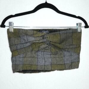 Cinder crop plaid twist tube top green denim medium
